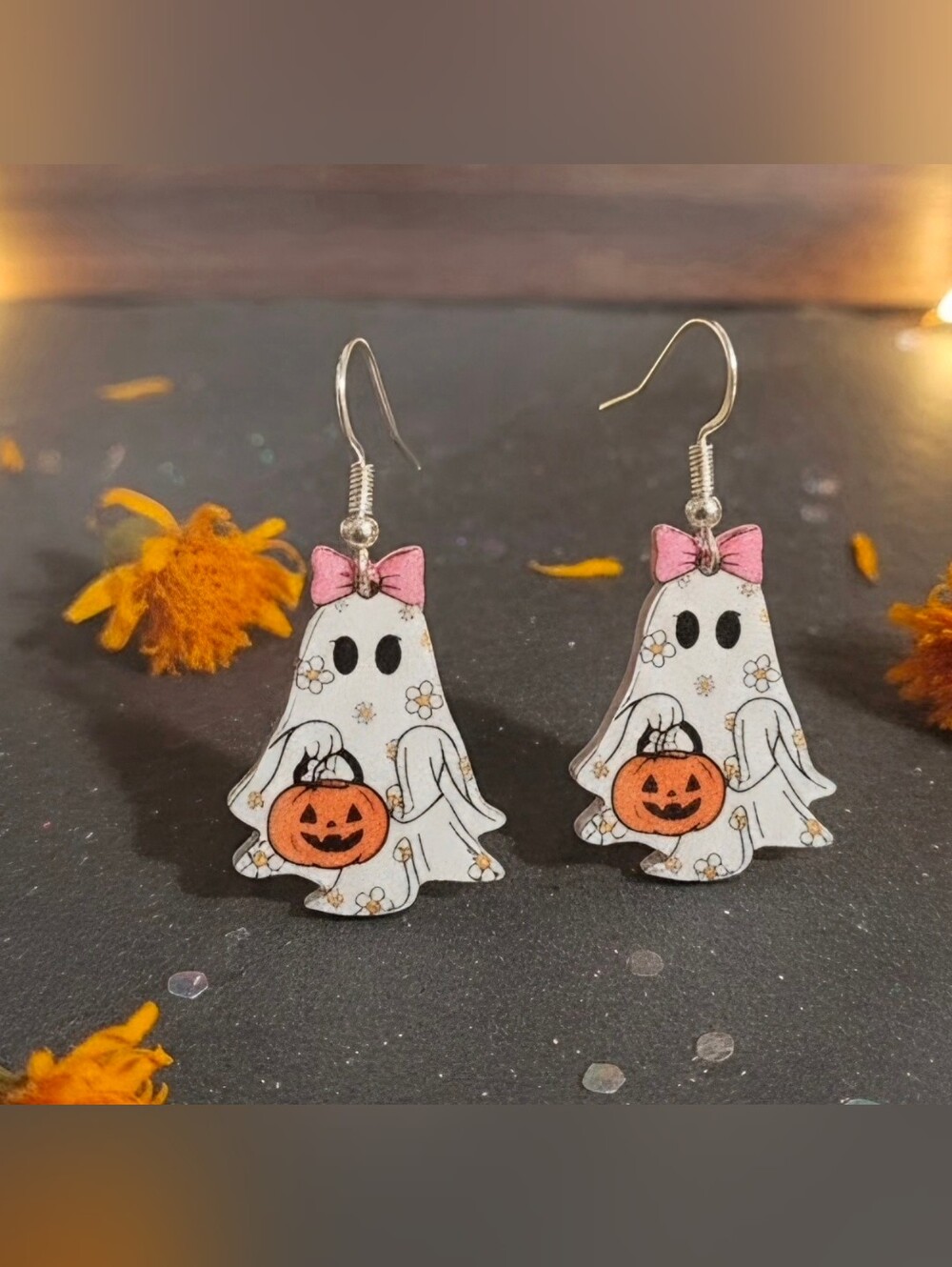 Halloween Ghost Earrings with Pink Bow